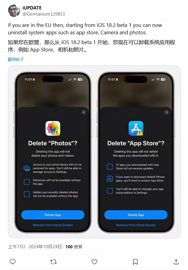 莱阳苹果手机维修分享iOS 18.2 支持删除 App Store 应用商店 